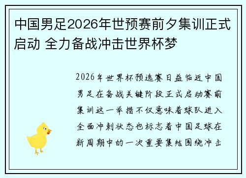 中国男足2026年世预赛前夕集训正式启动 全力备战冲击世界杯梦
